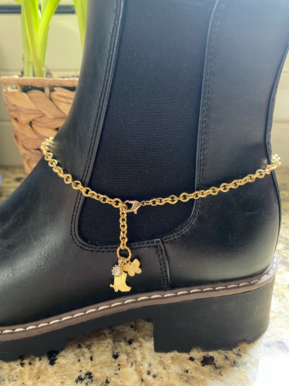 Boot charm anklet featuring cowboy boot, rhinestone and butterfly charms!